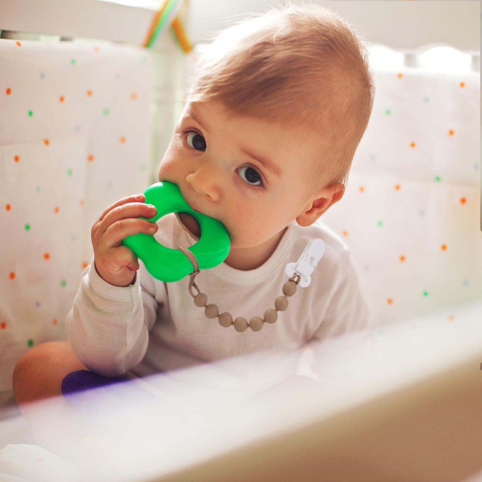 4-Pack Silicone Pacifier Clips with One-Piece Beads for Baby Boys and Girls - Flexible and Rust-Free Holders for Teething Relief and Baby Essentials, Safe for Newborns (Brown)