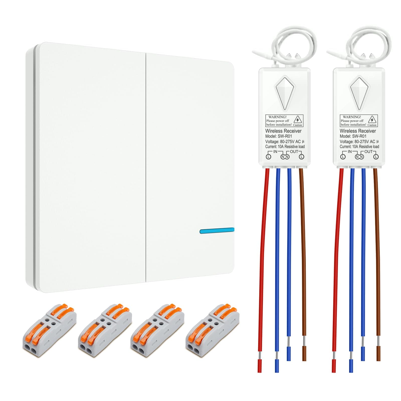 Wireless Light Switch for Light - 230V 2-Channel RF ON/Off Wall Switch with Small Receiver, IP66 Waterproof Remote Control for Lights Up to 1600ft Range, Integrated Up to 1000W