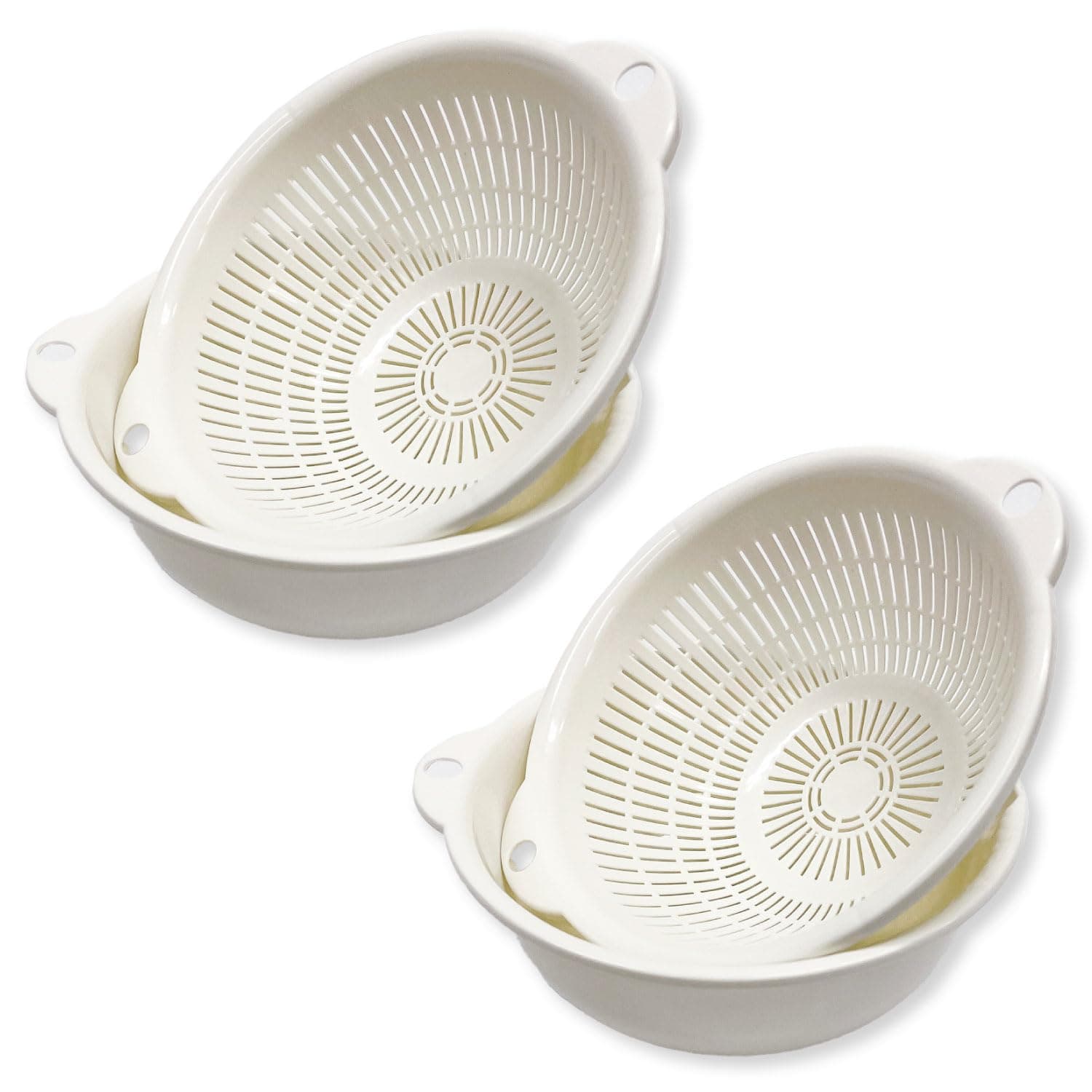 Kitchen Colanders and Bowl Pair Set. Easy to Use, 1.2-quart, 7" Handy Size, for Pasta, Spaghetti, Berry, Veggies, Fruits, Noodles, Salads, Made in Japan (White Double Set)