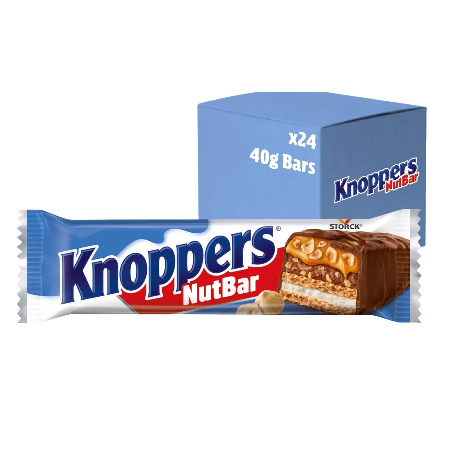 Knoppers Chocolate Hazelnut Nut Bar, Nutty Caramel Bars for On-the-Go Snacking, 40 g (Pack of 24)