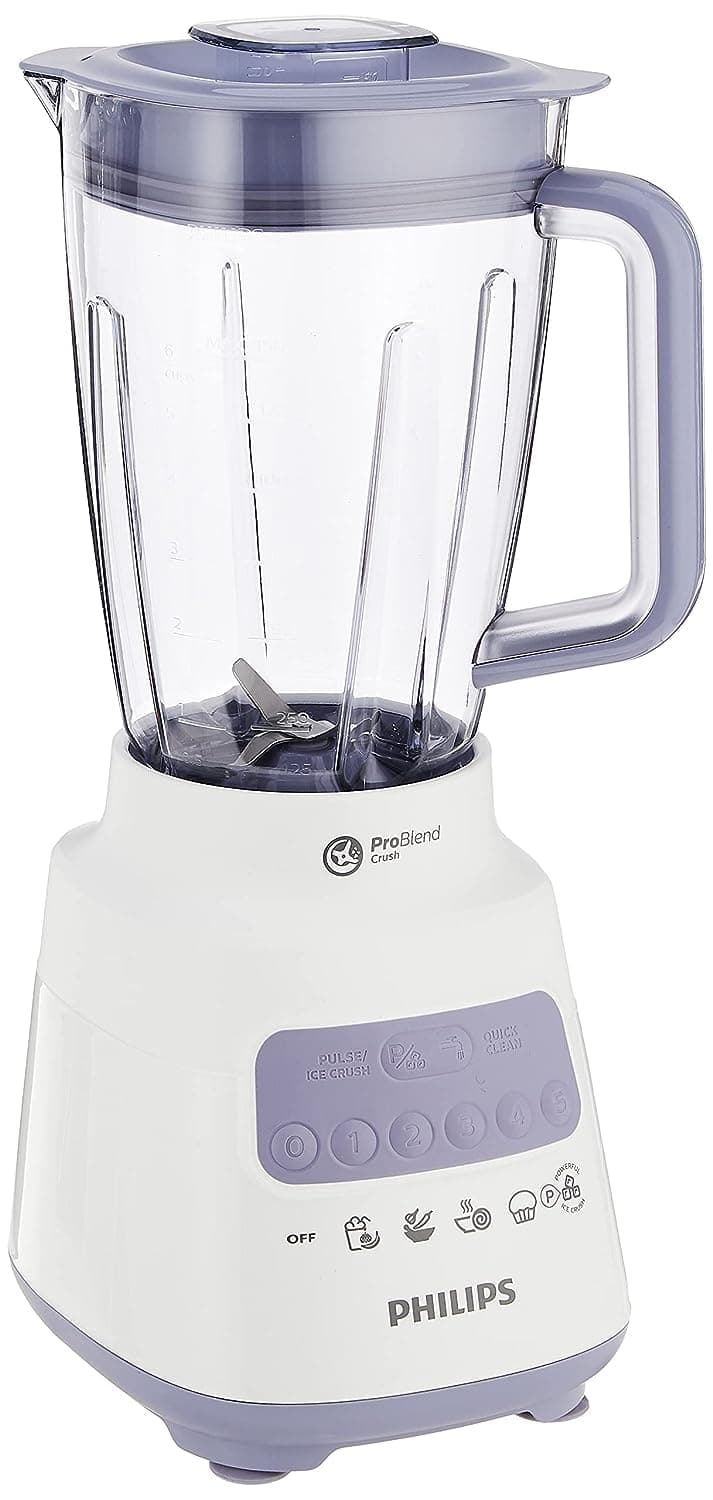 Philips Plastic Jar Blender - 700W, 2L, 5 Speeds + Pulse, Comes with a Spatula + Mill, Lavender/White - HR2221/01
