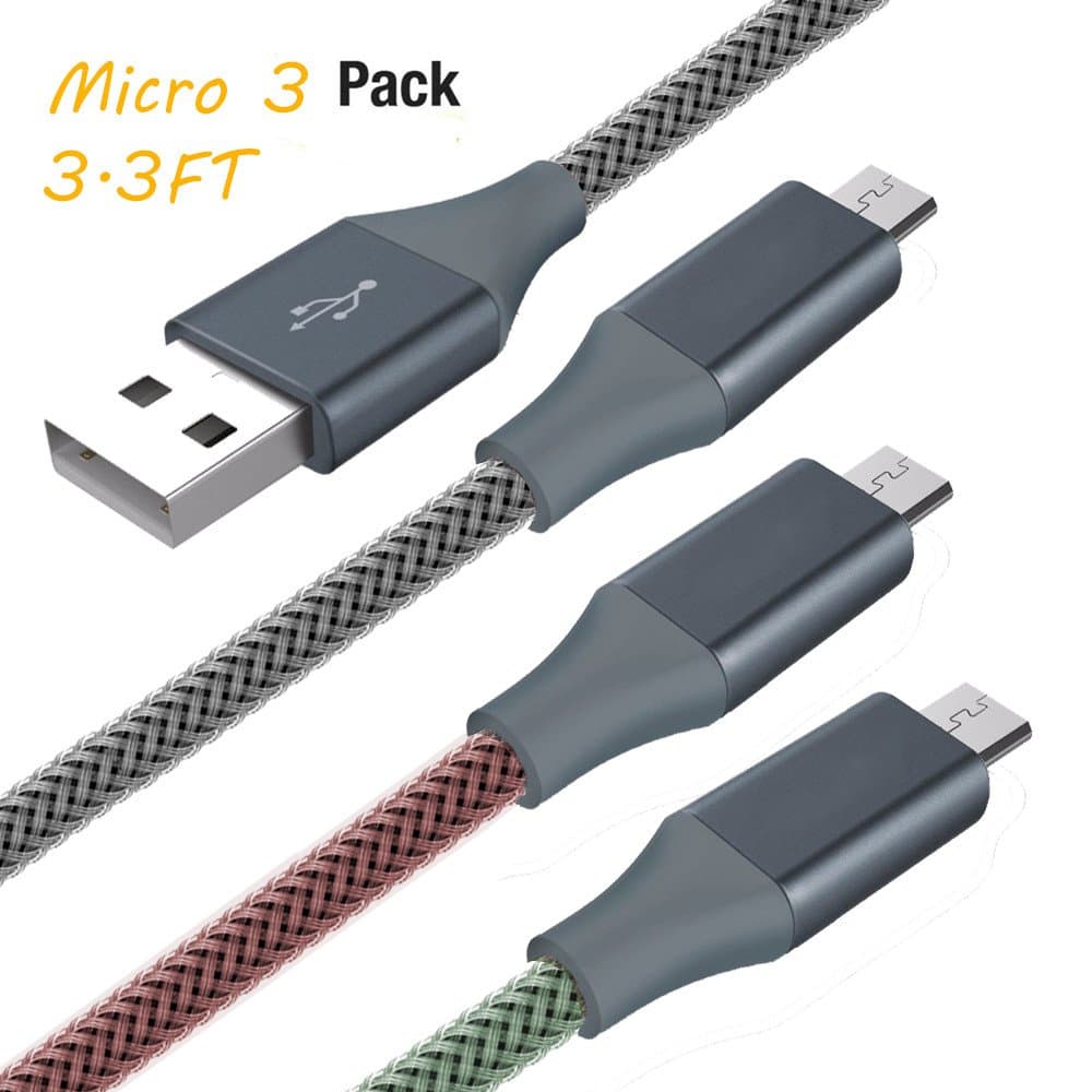 Micro USB Cable 2.4A (3 Pack of 3.3FT,3 Color) Fast Charging Fishnet Carbon Fibar Jacket USB Sync Data Mobile Phone Android Adapter Charger Cable for Samsung Sony HTC LG Cable, Housailei Brand