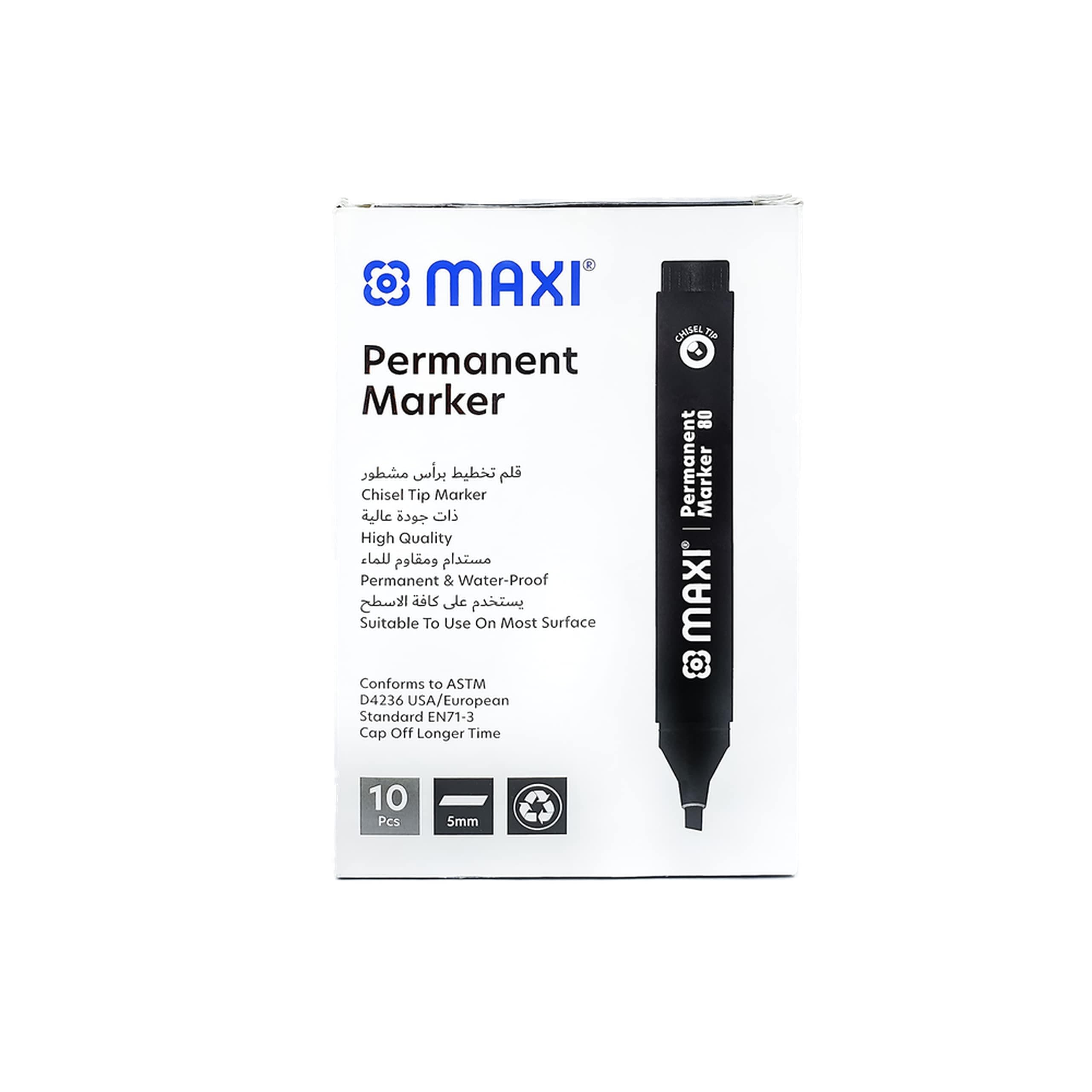 Maxi Permanent marker with Chisel tip 10pc Black. Suitable to use on most surfaces. Mark and write on any non-porous surface such as wood, glass, plastic, or cardboard.