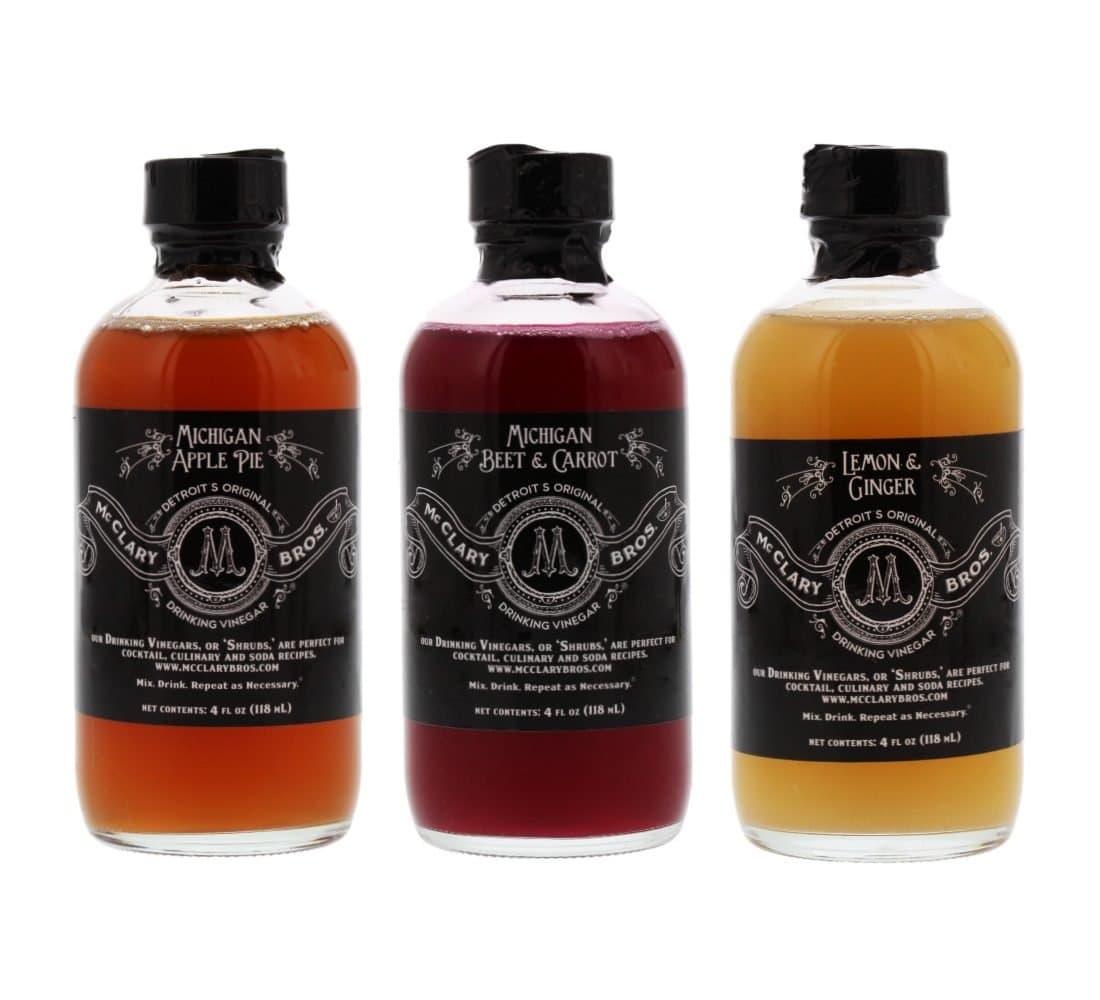 McClary Bros- 3 Bottle Drinking Vinegar Sampler: One 4oz bottle of Michigan Apple Pie & One 4oz bottle of Michigan Beet & Carrot and One 4oz bottle of Lemon & Ginger