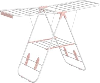 SONGMICS Clothes Airer, Foldable Clothes Drying Rack, Clothes Horse with Height-Adjustable Wings, Free-Standing Laundry Drying Rack, Indoor and Outdoor Use, Steel, White and Pink LLR502P01