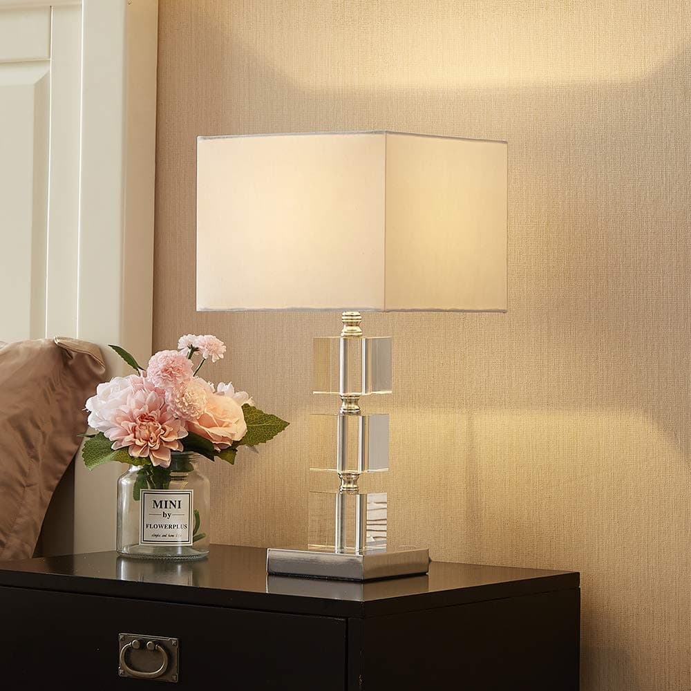 Vicnie Comtemporary Style White Cube Fabric Shade 3 Squares Crystal Bedside Table Lamp,Crystal Lamp for Bedroom,Living Room
