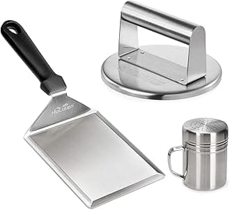 HULISEN Smashed Burger Kit, Stainless Steel Burger Press with Edge, Grill Spatula and Spice Dredge Shaker - Burger Smasher Griddle Accessories Kit for Flat Top Griddle Grill Cooking, Gift Package