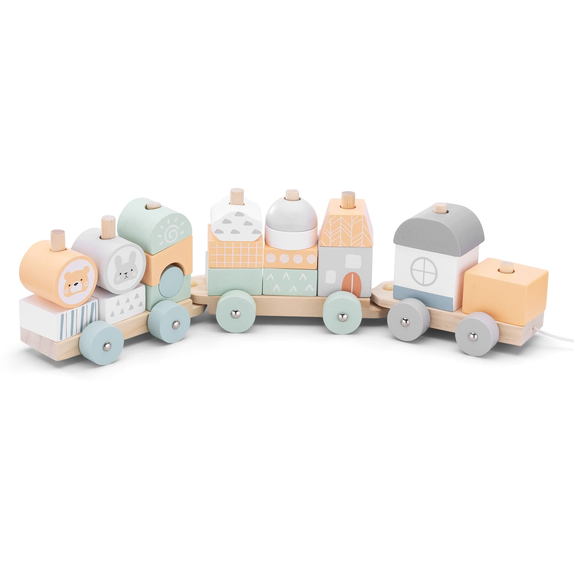 NavarisWooden Toy Stacking Train - Pull-Along Building Block 20-Piece Train Set Made from Solid Wood - For 18M+ Toddlers, Kids, Boys, Girls - Orange Green