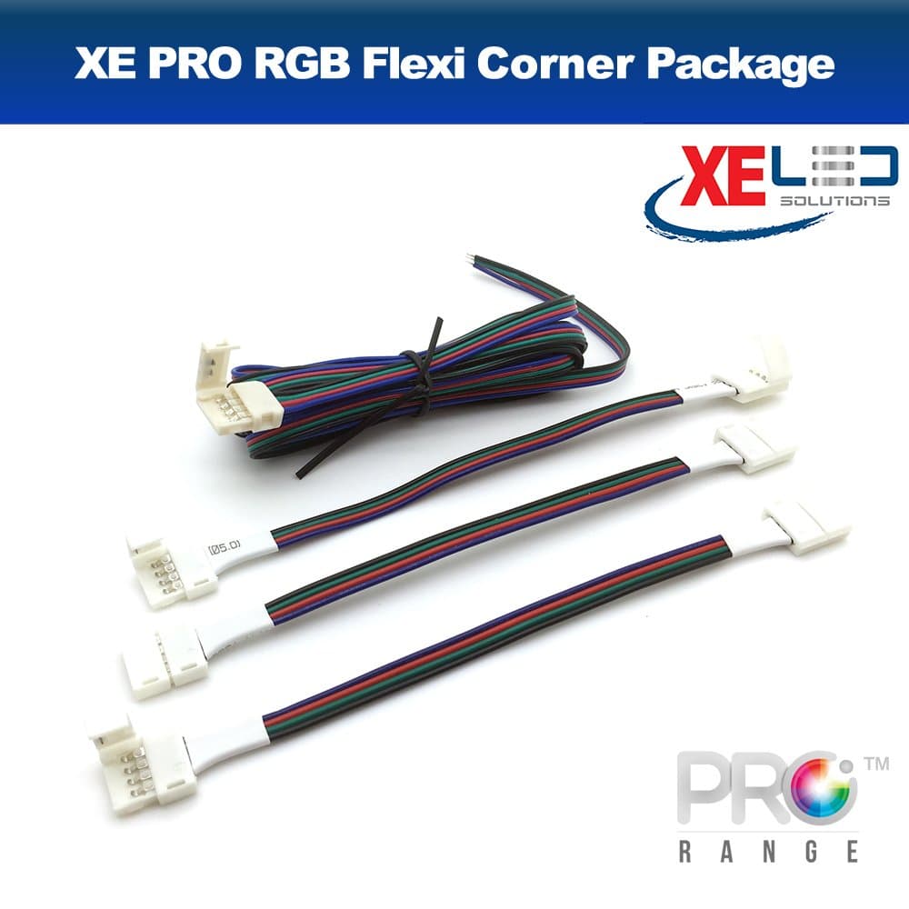 XE LED Solutions™ Flexi Corner RGB 4 Pin LED Strip PCB Snap Connector with RGB 2 Meter Power lead