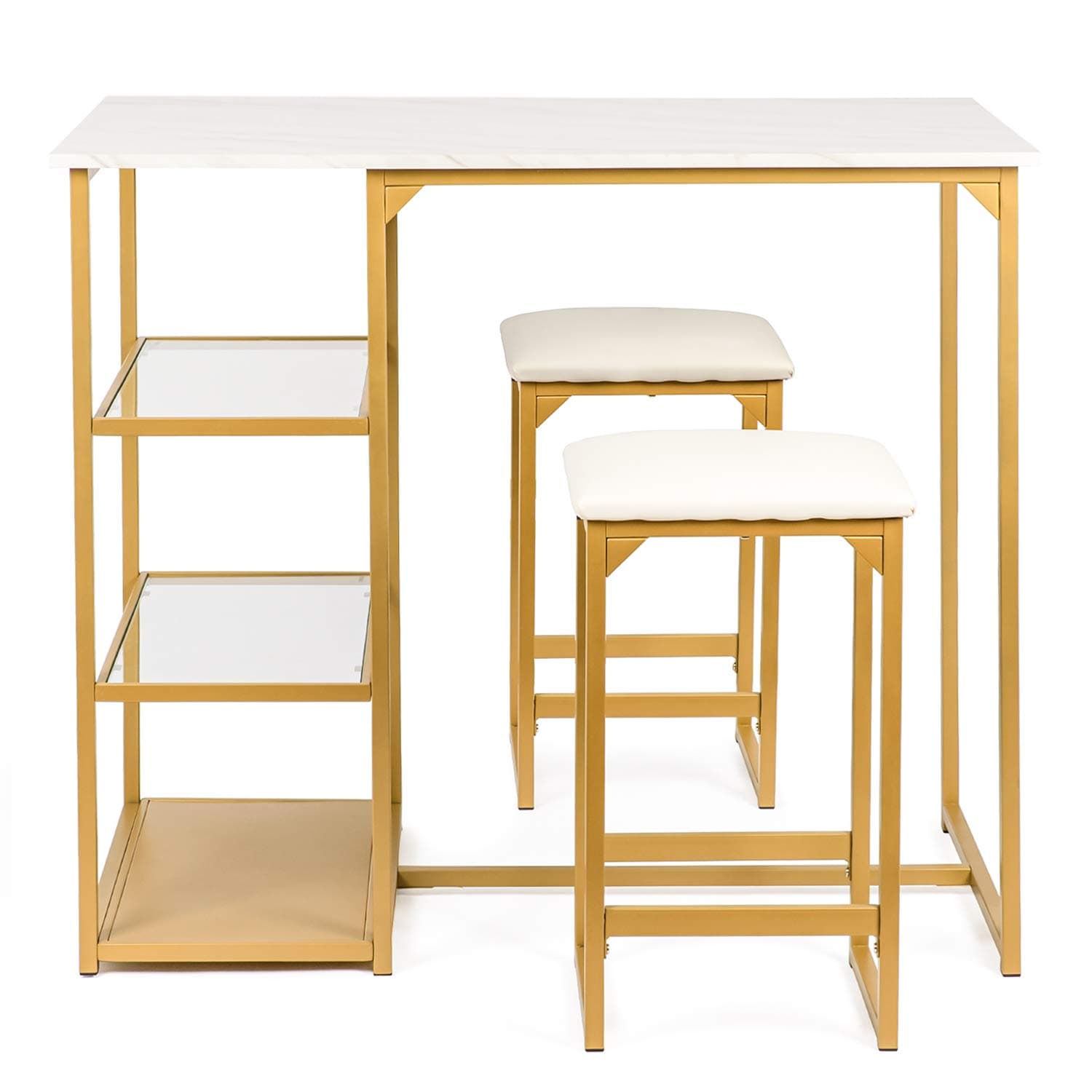 BAHOM 3 Piece Bar Table Set, Kitchen Bar Table with 2 Bar Stools, Height Dining Table Set with 3 Open Storage Shelves for Home, Kitchen, Bistro, Restaurant, Small Space (Golden)