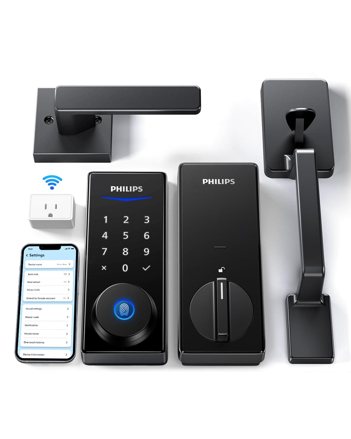 Philips Wi-Fi Smart Lock with Handle, Keyless Entry Keypad Door Lock with Handle, Front Door Deadbolt Set with WiFi Gateway, App Control, Fingerprint Unlock, PIN Code Unlock, Auto Locking