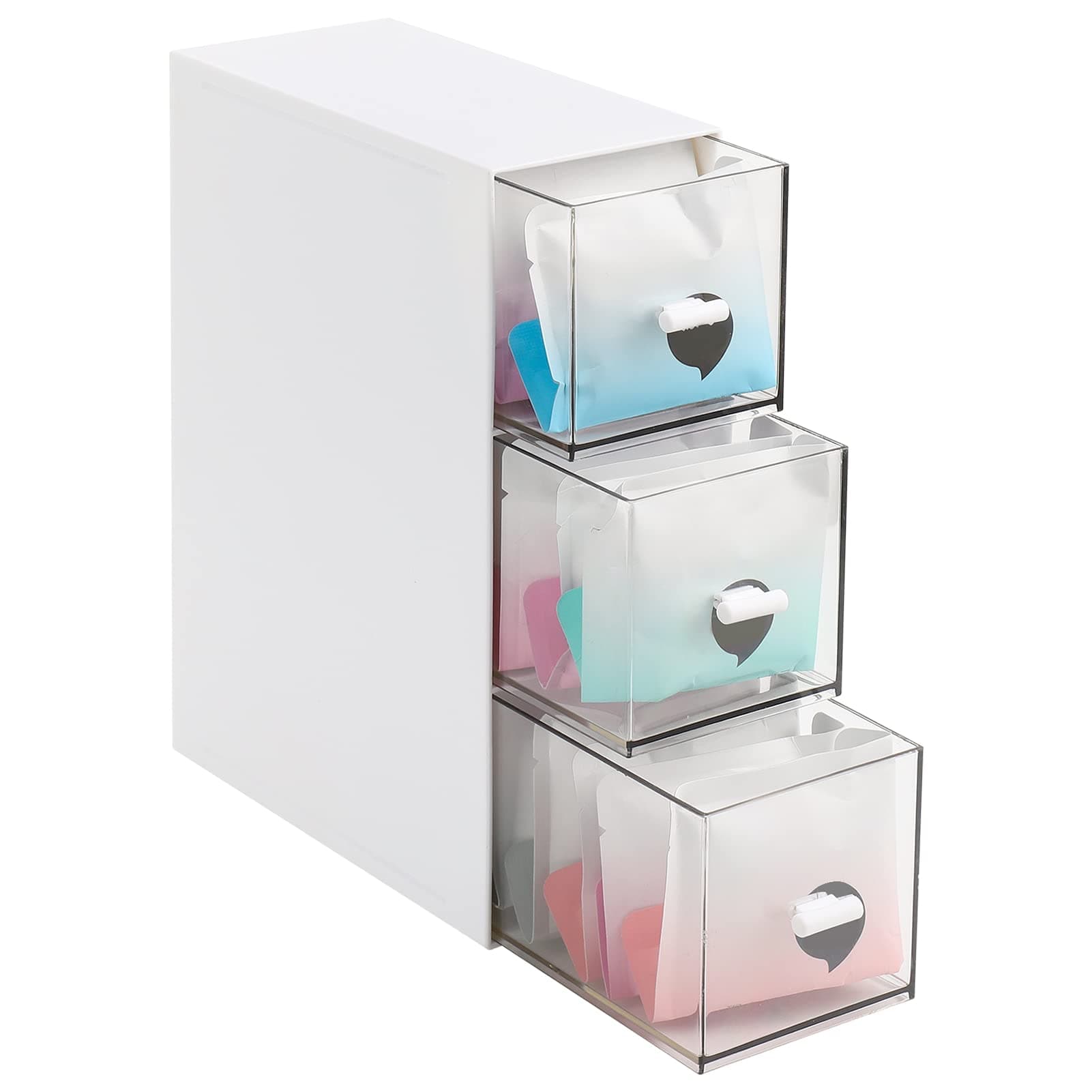 Opopark Tea Storage Boxes Handy Tea Box Storage with 3 Drawers for Different Types of Teabags Plastic Tea Chest for Kitchen Organisers for Tea Bags Sugar Coffee Pods (White)