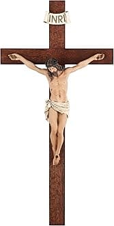 Crucifix Wall Cross - 14 Inch Olive Wood Wall Crucifix, Hand Painted Resin Jesus on Wooden Crucifix Catholic Home Decor Housewarming Religious Gifts
