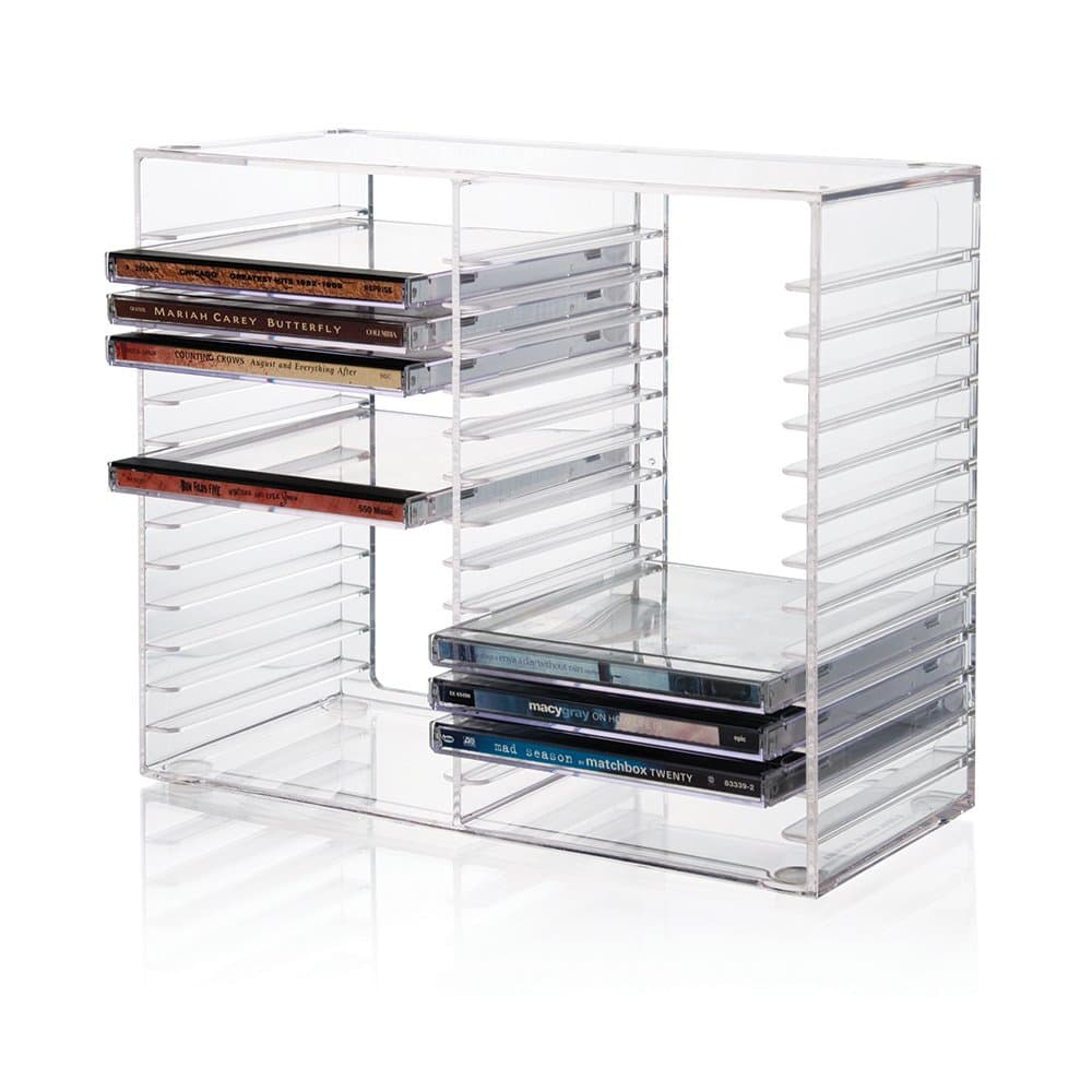 Stackable Clear Plastic CD Organizer with Rubber Feet | Rectangular Jewel Cases Holder Perfect for Theatre Room | Holds up to 30 CD Cases | Made in USA