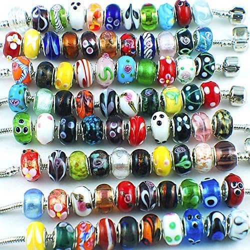 RUBYCA Murano Beads for Jewelry Making Large Hole Glass Beads for European Snake Chain Bracelets Making White Silver Core Lampwork Spacer 50 Pcs Mix