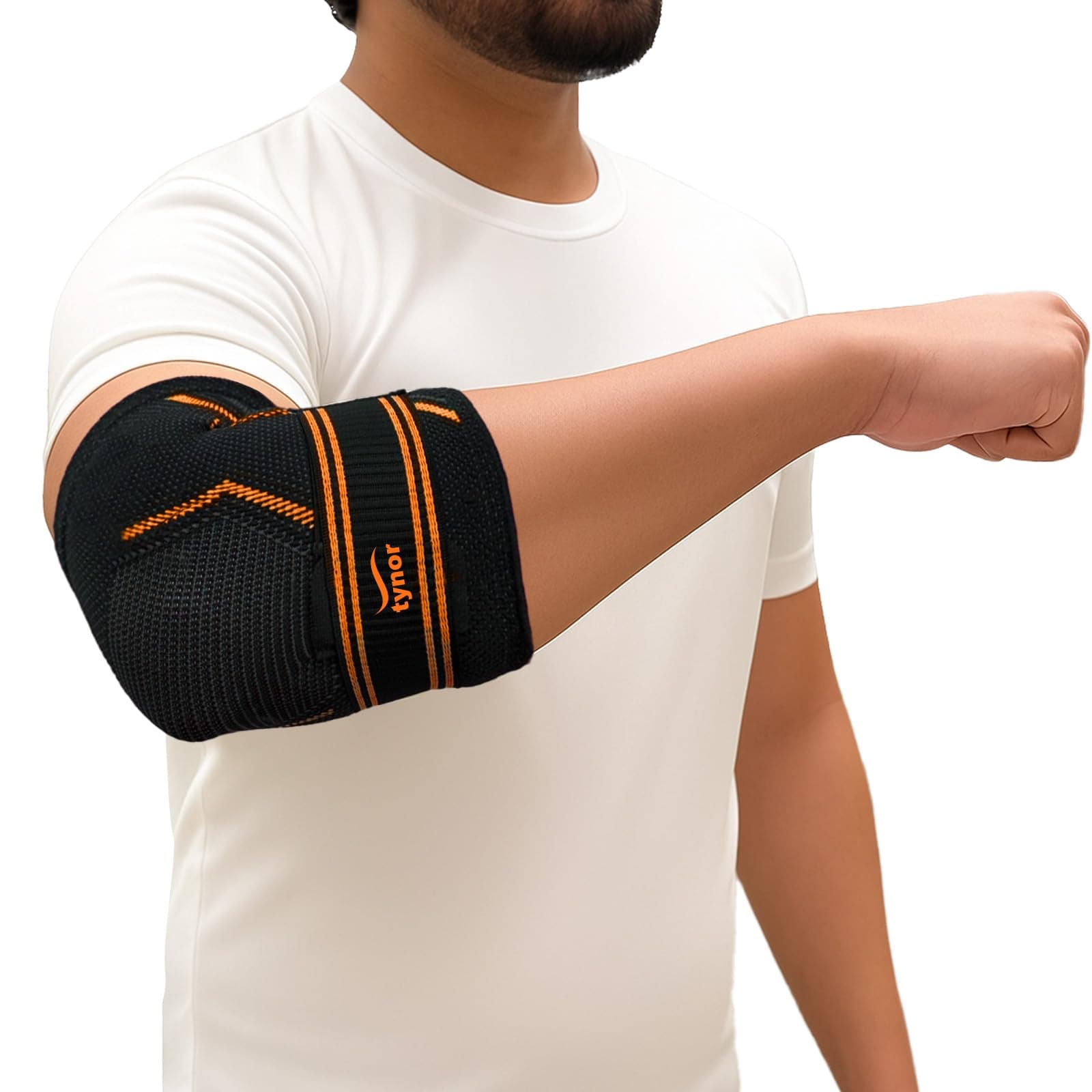 Elbow Support Air Pro, for Joint Pain Relief & Compression | Breathable & Lightweight for Sports, Workout, Gym & Exercise | Easy Elbow Movement With Comfort | Pack of 1 (Black & Orange, Medium)