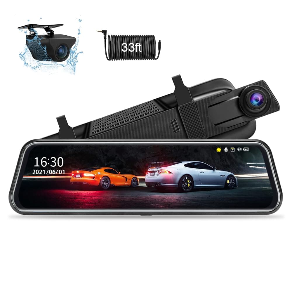 Jansite Upgraded 10'' Mirror Dash Cam Night Vision Front and Rear 1080P Backup Camera FHD Full Touch Screen Car Recorder with Loop Recording, G-Sensor, Parking Monitor 170° Wide Angle