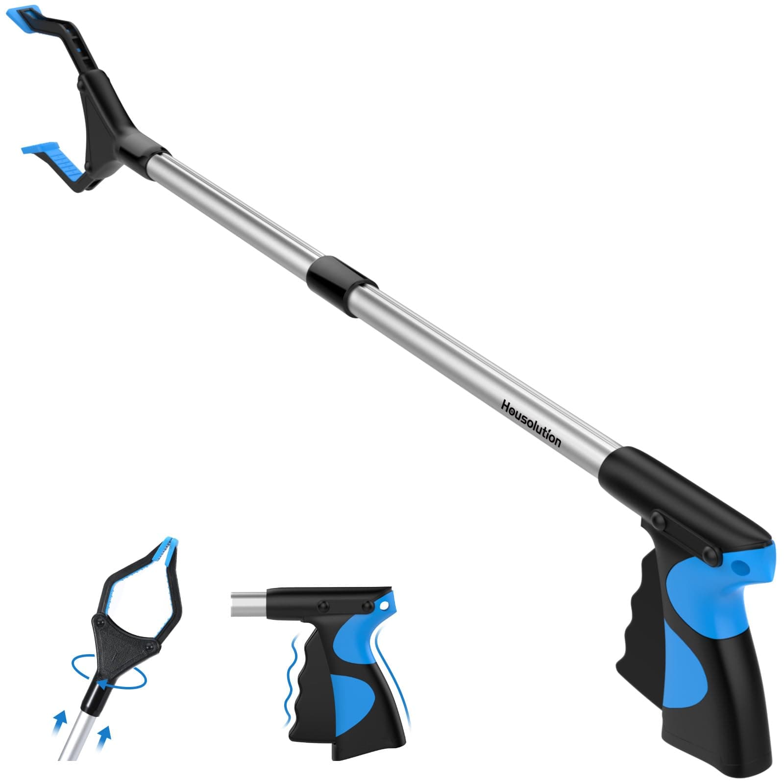 Housolution Reacher Grabber Tool, 32" Foldable Pickup Tool, Lightweight Aluminum Reaching Aid with Rotating Rubber Gripper, Long Arm Extender for Elderly, Litter Trash Picker, Garden Nabber, Blue