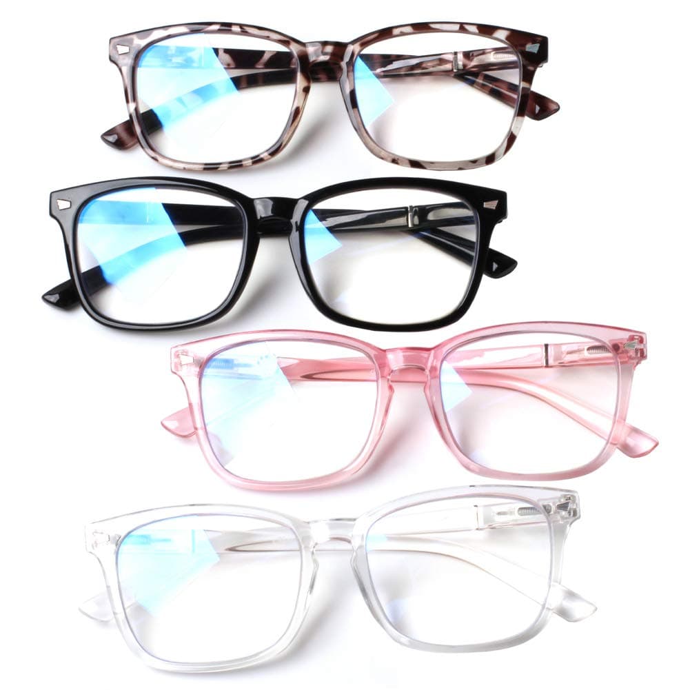 Henotin 4-Pack Blue Light Blocking Reading Glasses Women Men,Spring Hinge Computer Readers,Anti UV Ray Square Nerd Eyeglasses (Mixed Color, 0.00, Diopters)