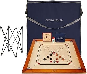 Premium Carrom Board Set - 78 x 78 cm Official Size Playing Board Including All - Hardwood Edges for Better Rebound - Made in India (Board + Bag + Table)
