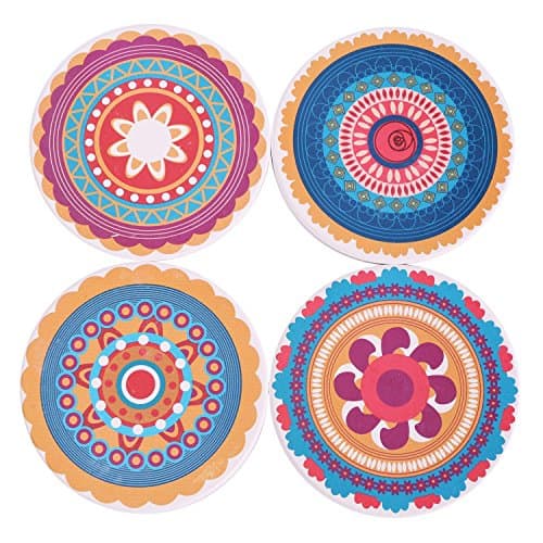 Coasters Set of 9 Absorbent Stone Coaster for Drinks - Desktop Protection Prevent Furniture Damage - Colorful Mandala Style Tabletop Drink spills Coasters
