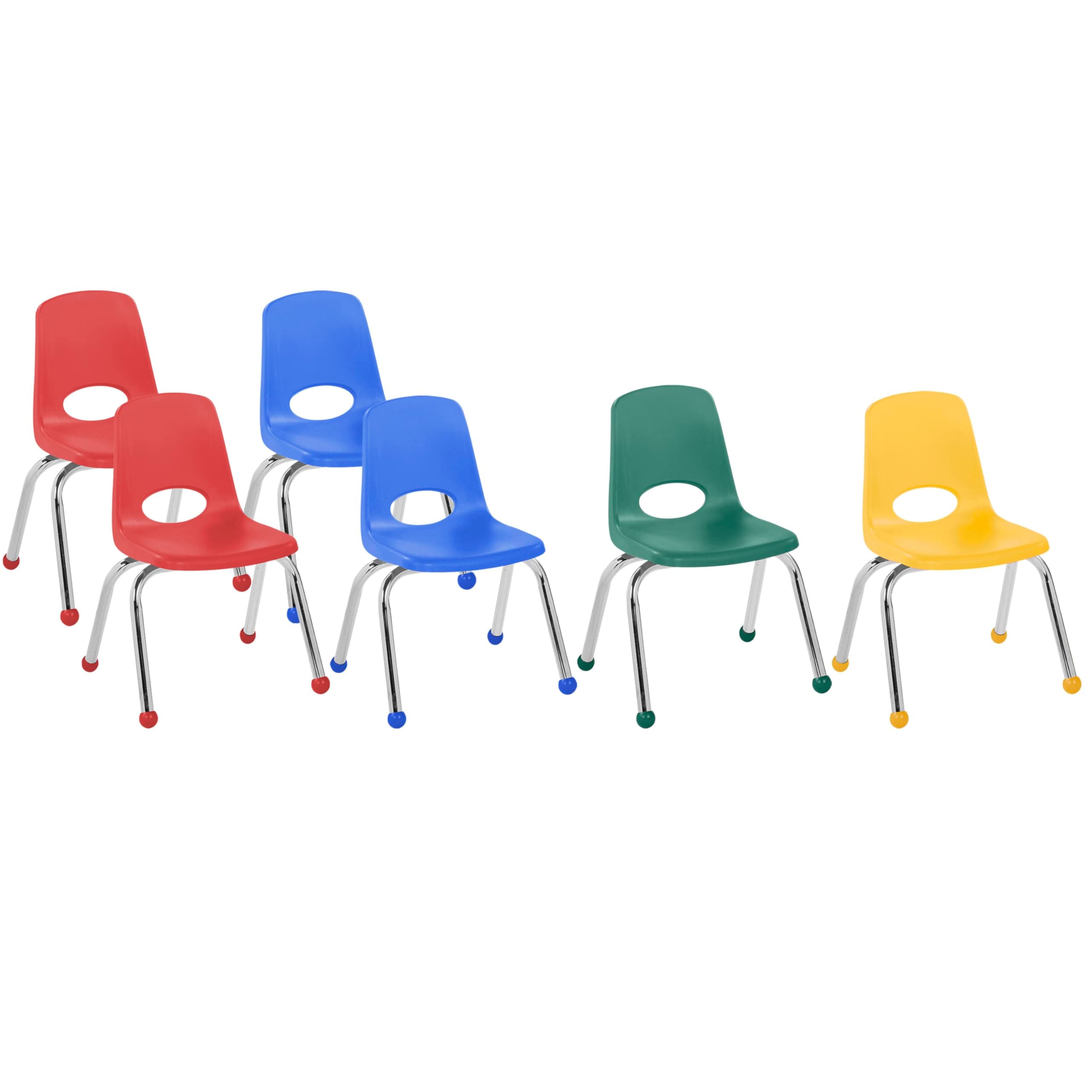 FDP 12" School Stack Chair, Stacking Student Chairs with Chromed Steel Legs and Ball Glides - Assorted Colors (6-Pack), 10360-AS