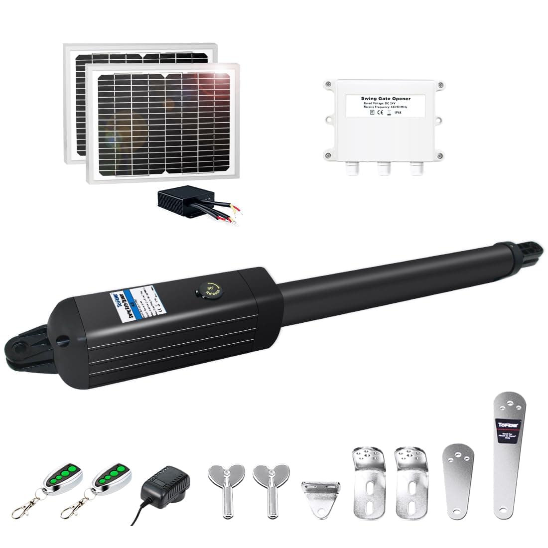 TOPENS A8S Automatic Solar Gate Opener for Heavy Duty Single Swing Gate Up to 18ft, Single Swing Gate Operator Battery Powered with Remote Control Kit Gate Motor Solar Panel Included