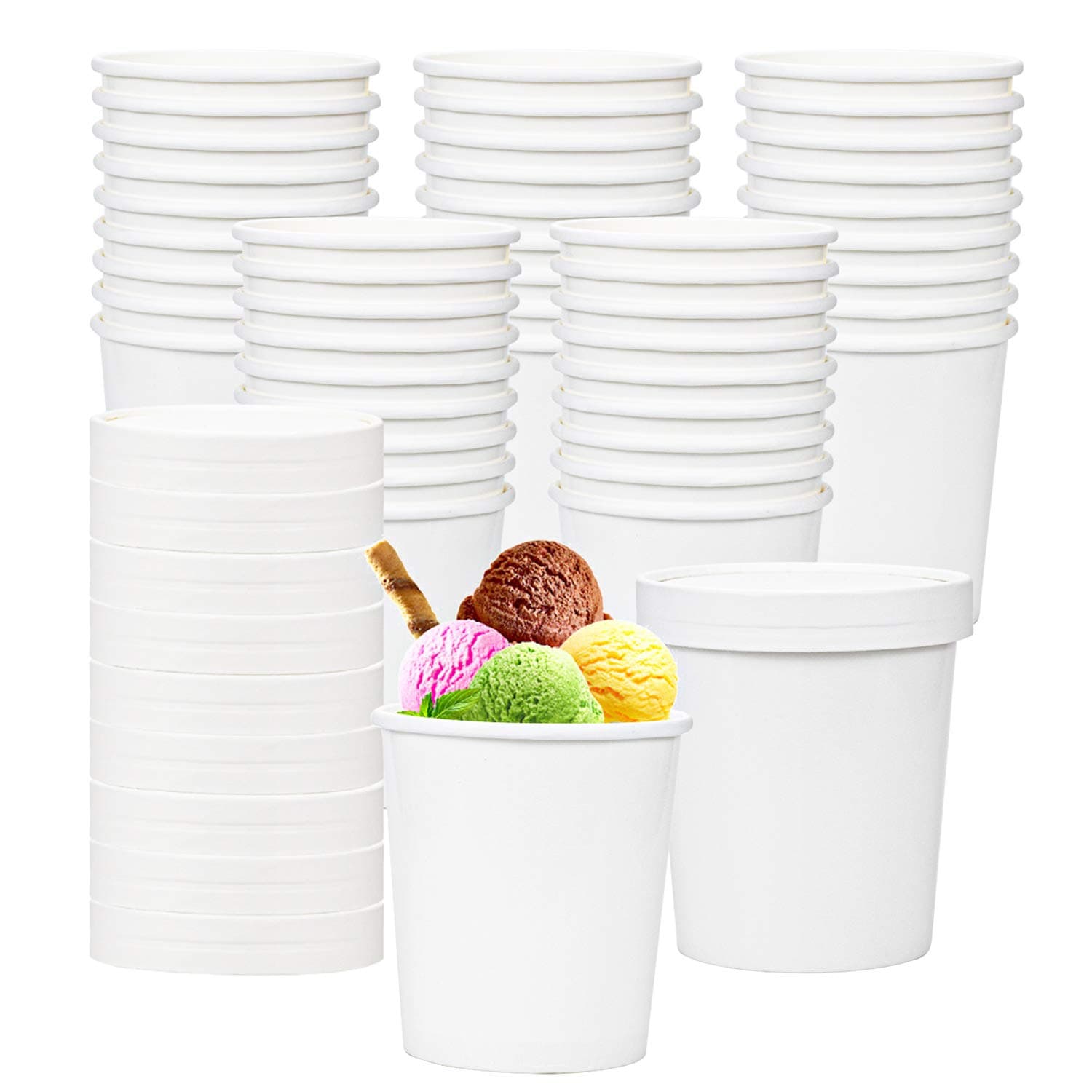 Hedume 60 Pack Paper Ice Cream Cups with 60 Pack Lids, 16 OZ Frozen Dessert Containers with Lids, Cold and Hot Food Container for Soup, Dessert, Yogurt, Sauce