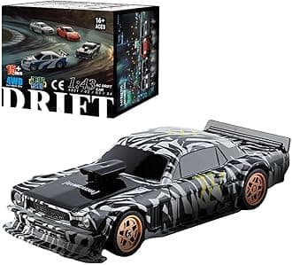 RC Sport Racing Drift Car, 1/43 Scale 2.4G 15KM/H Full Proportional RC Electric Mini Racing Drift Car Model with Lights Kit and Drift Tires (Black & White)