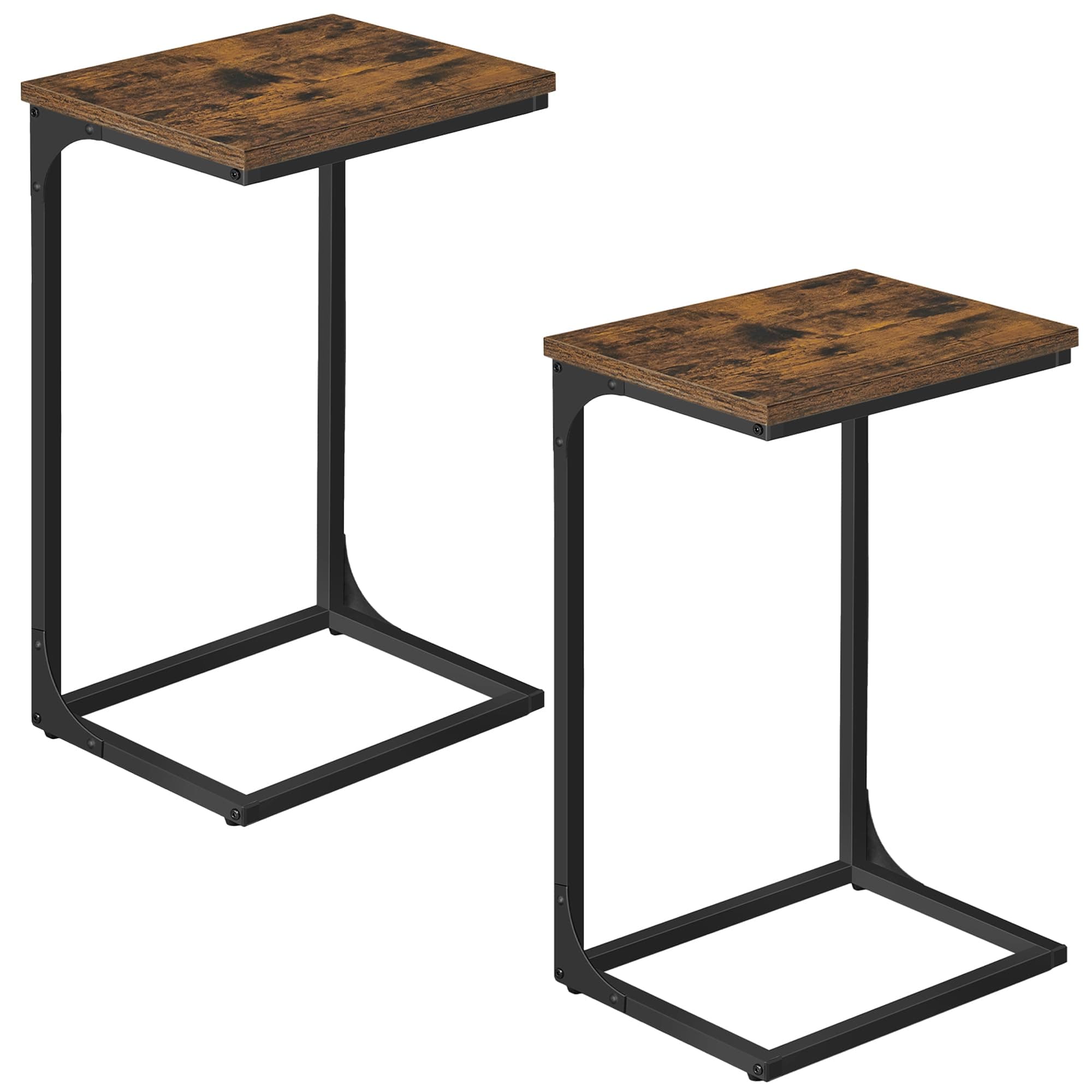 VASAGLE C-Shaped Side Table, Set of 2, Bedside Table, Sofa Side Table, with Metal Frame, Industrial, for Living Room, Bedroom, Rustic Brown and Ink Black LET355B01