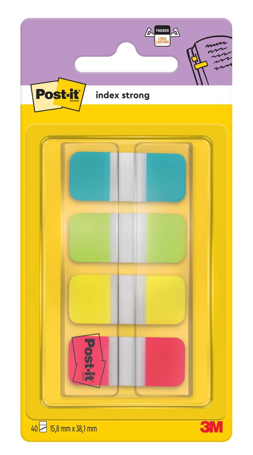 Post-it 15.8 x 38.1 mm Strong Index - Aqua/Lime/Yellow/Red (Pack of 40), 699789