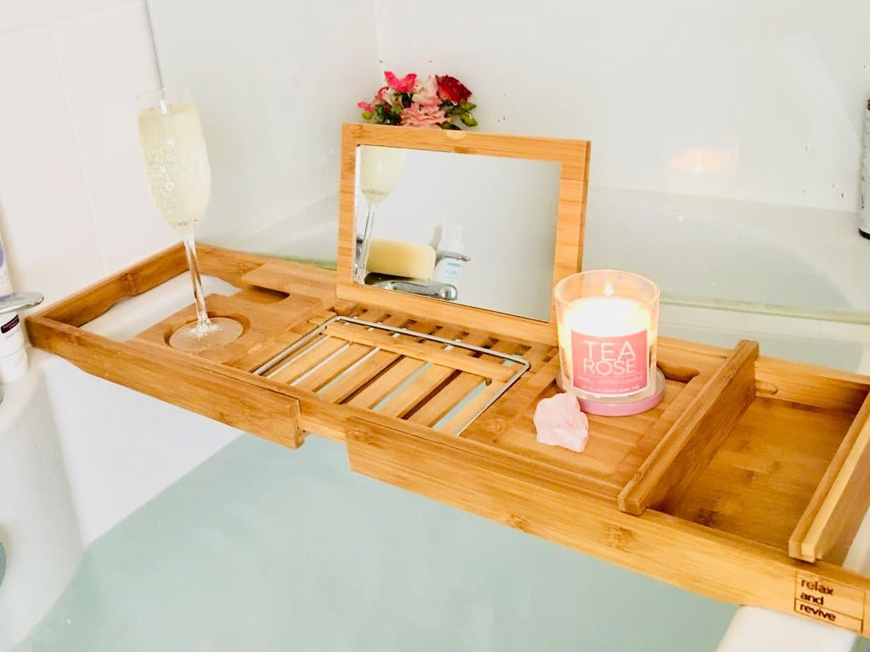 Bath Caddy 100% Natural Bamboo Bath Tray WITH MIRROR by Relax and Revive Luxury Bath Accessory Wooden Bath Tray Phone Holder I Phone Stand Book Stand Wine Glass Holder with Wooden Soap Dish Bamboo Bath Caddy Non Slip Bath Tray Wooden Extendable Bath Shelf