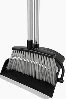 Best House Broom and Dustpan Set Long Handled Dustpan and Brush Sets with Comb Teeth, Upright Dust Pan and Sweeping Brush Combo for Home Kitchen Room Office Lobby Floor (Grey and Black)