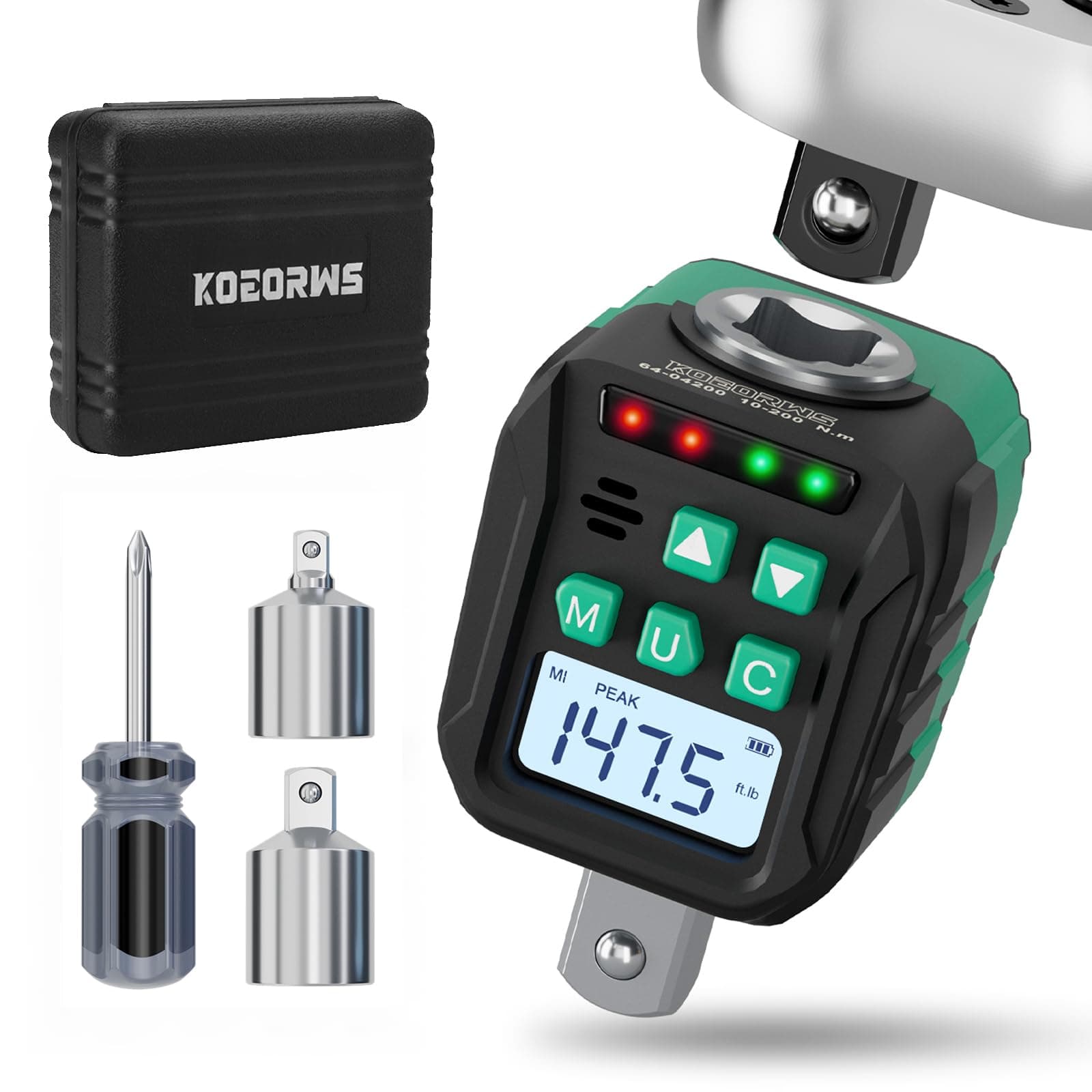 1/2-Inch Digital Torque Adapter, 7.38-147.5 Ft.lb/10-200 N.m, Electronic Torque Wrench Converter with ±2% Accuracy, Preset Function, Data Storage, 3/8” & 1/4” Adapter for Bike, Moto, Car