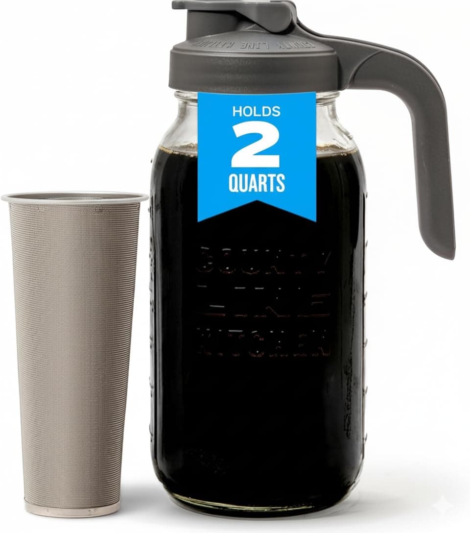 - County Line Kitchen Glass Cold Brew Coffee Maker with Lid - Wide Mouth, 2 Quart (64 oz) - Heavy Duty, Leak Proof - Sun & Iced Tea Pitcher, Cold Brew Coffee, Breast Milk Storage, Water - Gray