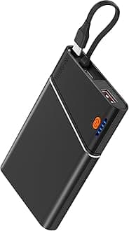 Portable Charger Power Bank, 10000mAh 22.5W PD Fast Charging Powerbank with Built-in USB C Cable, Slim External Phone Battery Pack for iPhone 17/16/15 Samsung S24 Android etc (Black)