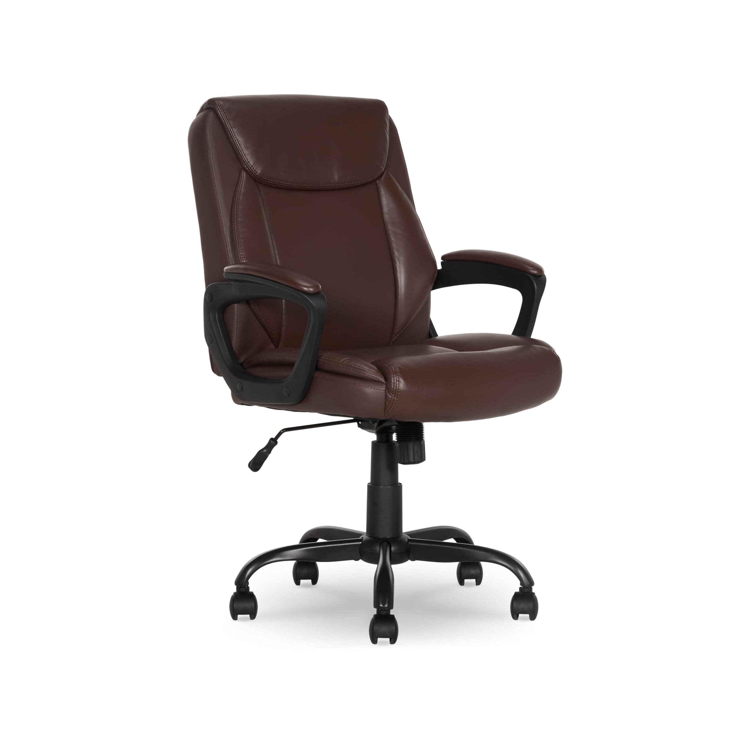Amazon Basics Classic Puresoft PU Padded Mid-Back Office Chair with Armrest, Height Adjustable, Wheels, 25.75"D x 24.25"W x 42.25"H, Brown