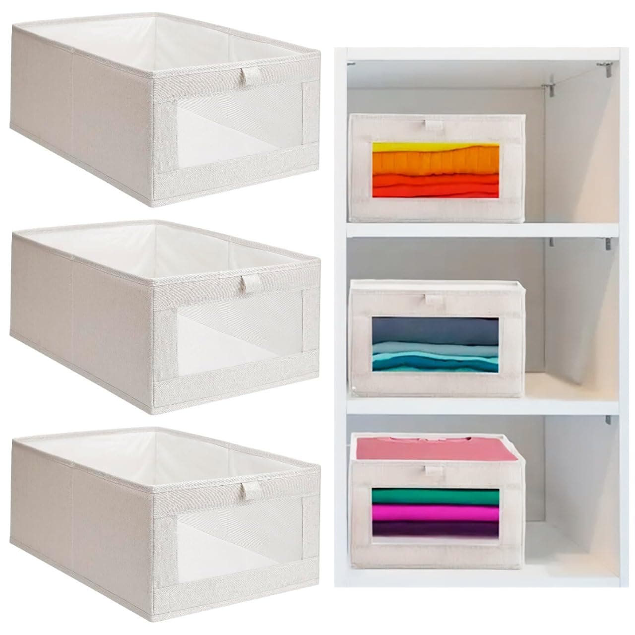 3PC's Clothes Storage Box – Foldable Wardrobe Organizer, Drawer Organizer, Made of Cotton. Ideal for Clothes & Books Storage Washable Closet Storage Basket for Neat and Efficient Organization.