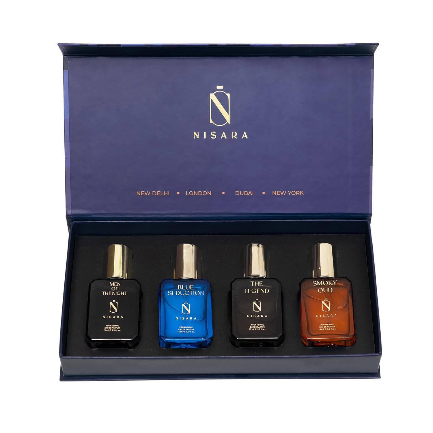 Long Lasting Men Perfume Gift Set 4x15ml(60ml) | Notes:- Citrus Musky, Fresh Aqua, Woody Oud with | Men Of The Night | Blue Seduction | The Legend | Smoky Oud | Travel & Pocket-friendly perfume kit for all moods & occasions | Ideal gift for men, Husband, Friend, Boyfriend | Premium Perfume For Men
