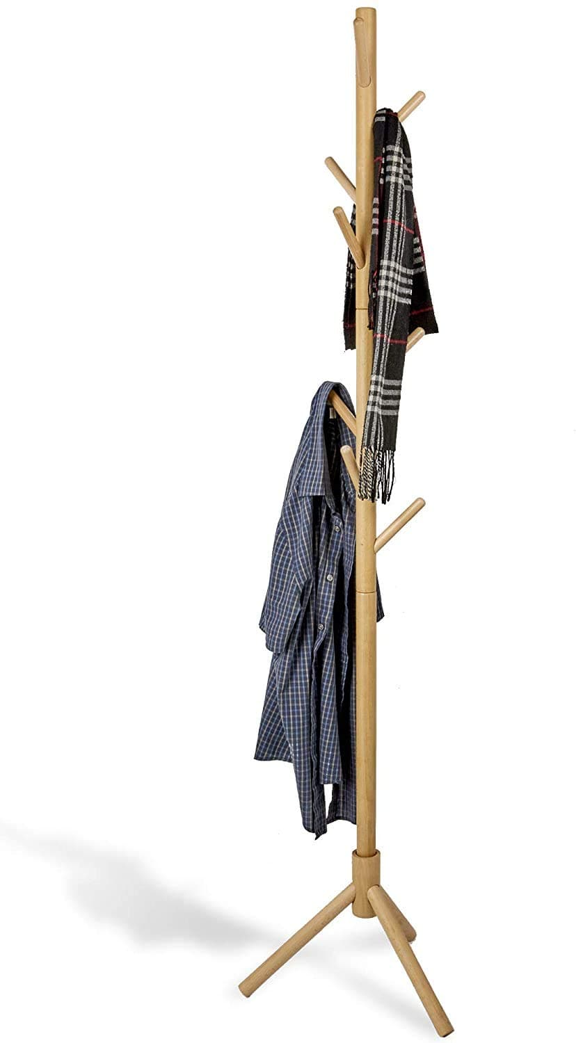 Deluxe Wooden Coat Rack Tree - 8 Hooks Adjustable Height Hat, Jacket and Sweater Hanging Stand - Easy Assembly - Elegant Design for Home or Office Hall and Entrywa