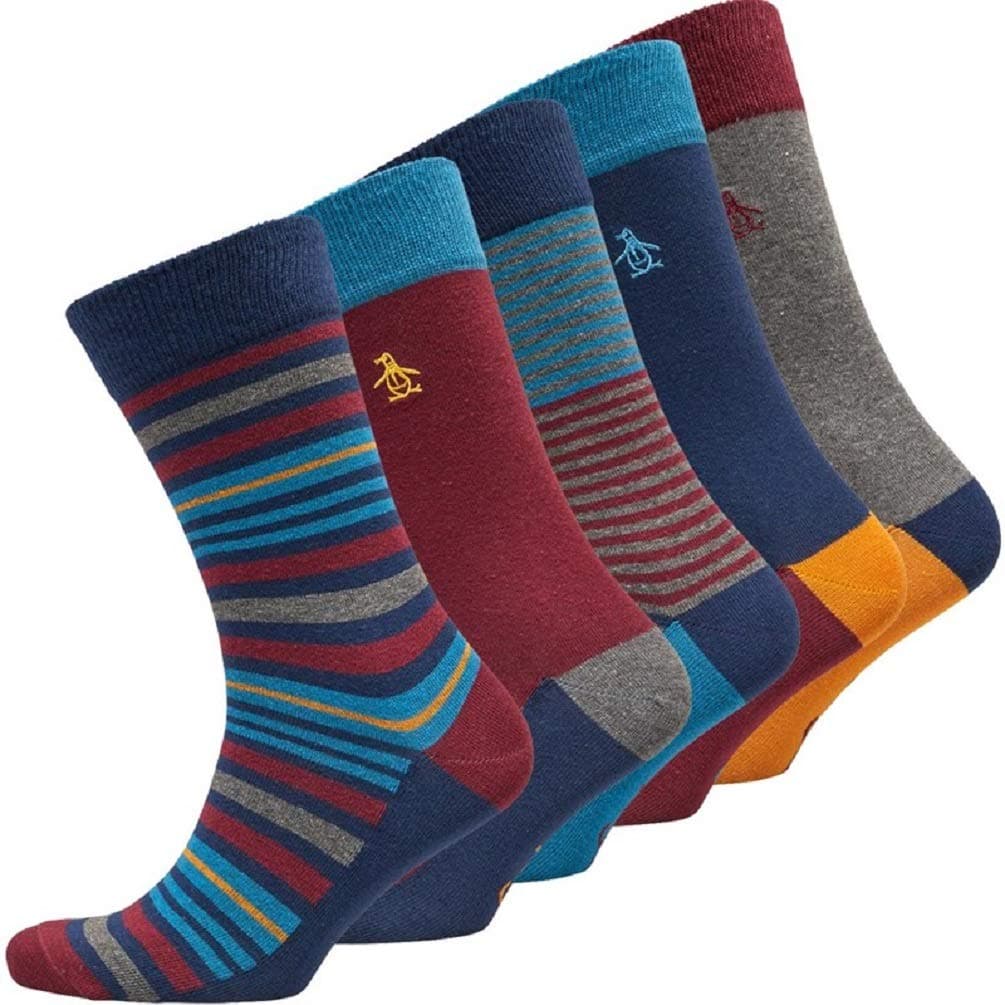 Mens Five Pack Stripe Socks (Navy/Burgundy/Blue Multi, UK 7-11 EU 41-45)