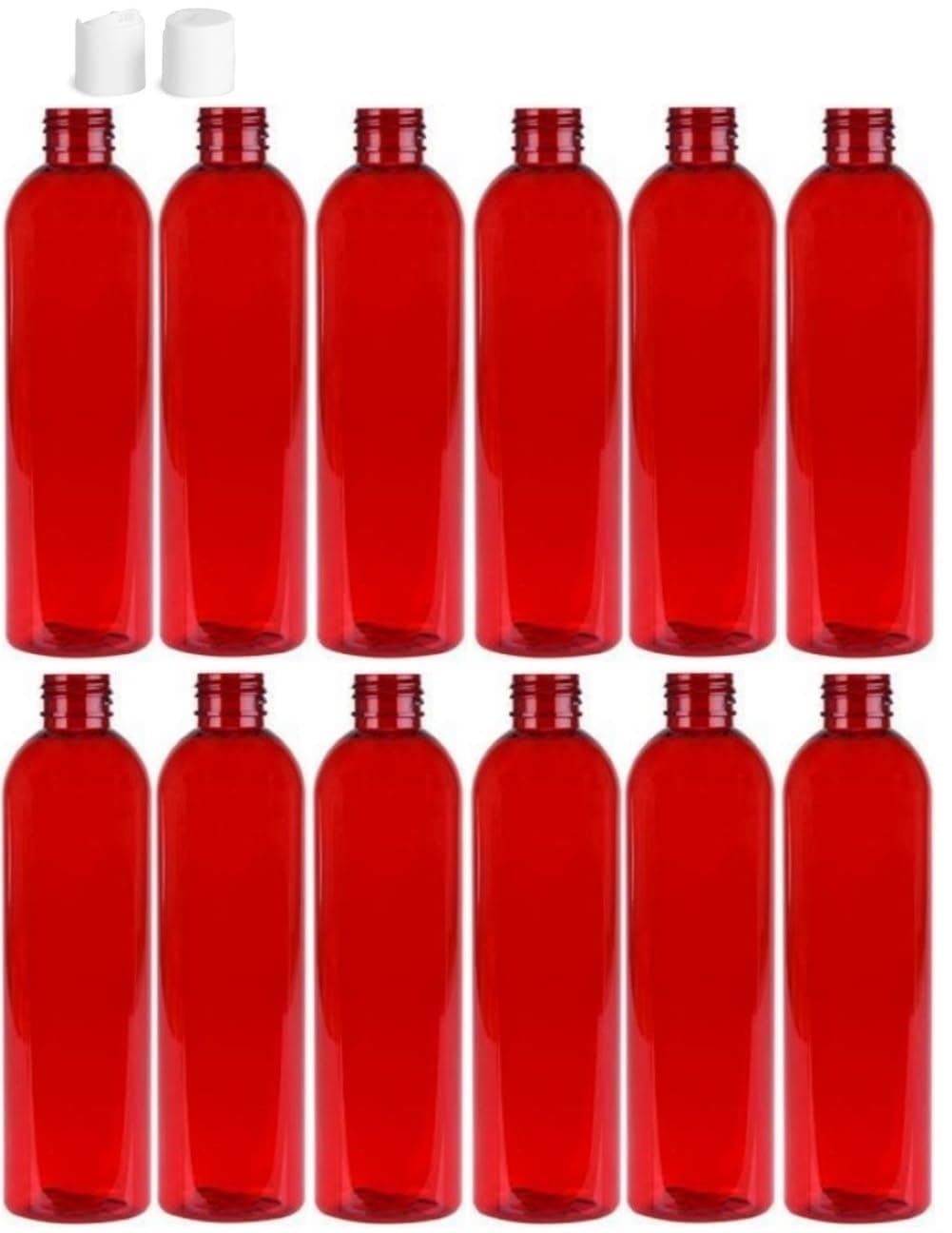 8 Ounce Cosmo Round Bottles, PET Plastic Empty Fillable BPA-Free, with White Press Down Disc Caps (Pack of 12) (Red)