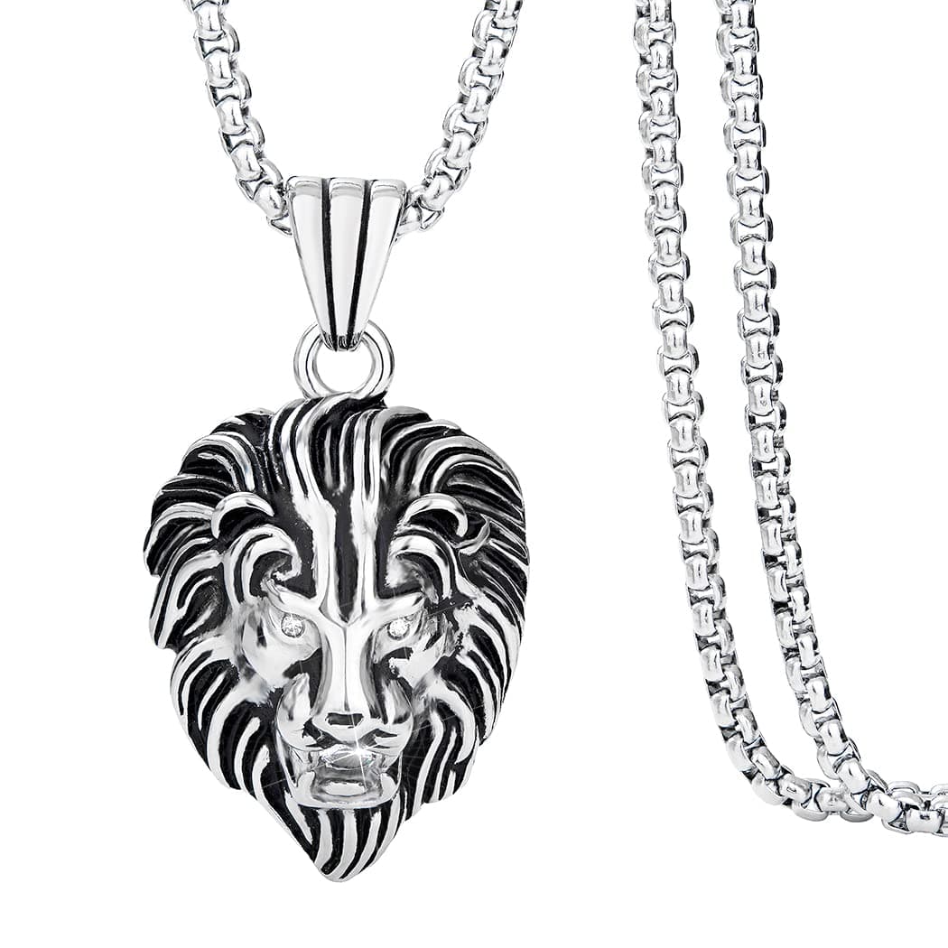 Mens Necklace Lion Pendant Necklace, Bigger in Size, Silver Plated Stainless Steel, 3PCS Shiny CZ Diamonds, Comes with Rope Chain 24”and in a Gift Box