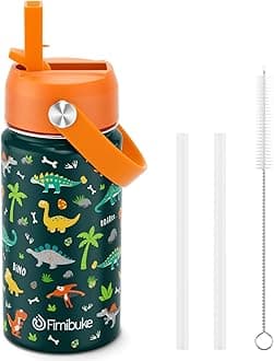 Fimibuke Kids Insulated Water Bottle, 14oz BPA FREE 18/8 Stainless Steel Travel Tumbler Double Wall Vacuum Leak Proof Kids Cup with Straw Metal Bottles for School Boys Girls (1 Pack, Green Dinosaur)
