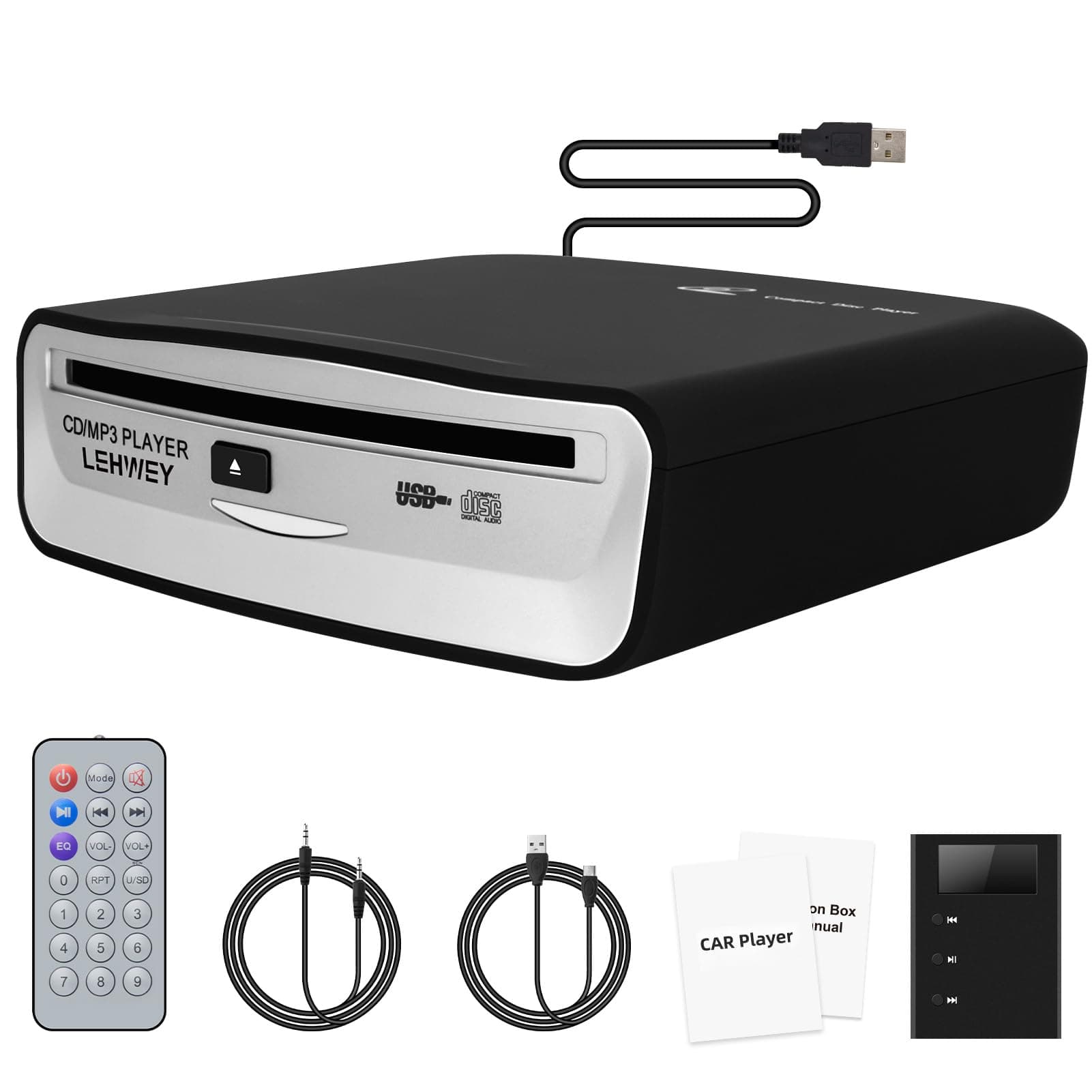 USB CD Player for Car, External Car Cd Players with AUX & FM Transmitter, Portable CD Player for Cars without CD Drive, Anti-Skip, Remote Control, Works with Most Cars, SUVs, Trucks