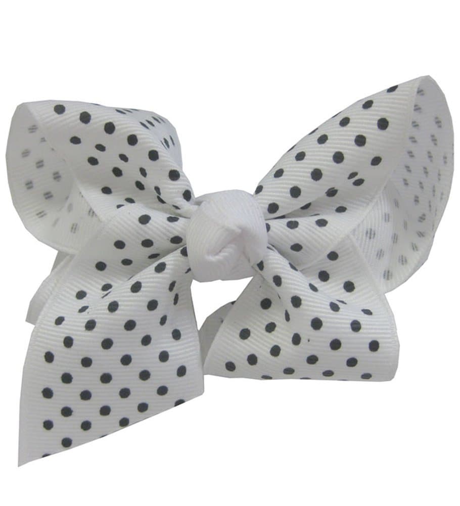 Small Black Polka Dot On White Bow Barrette - Pretty White Bow Barrette With Small Black Polka Dots