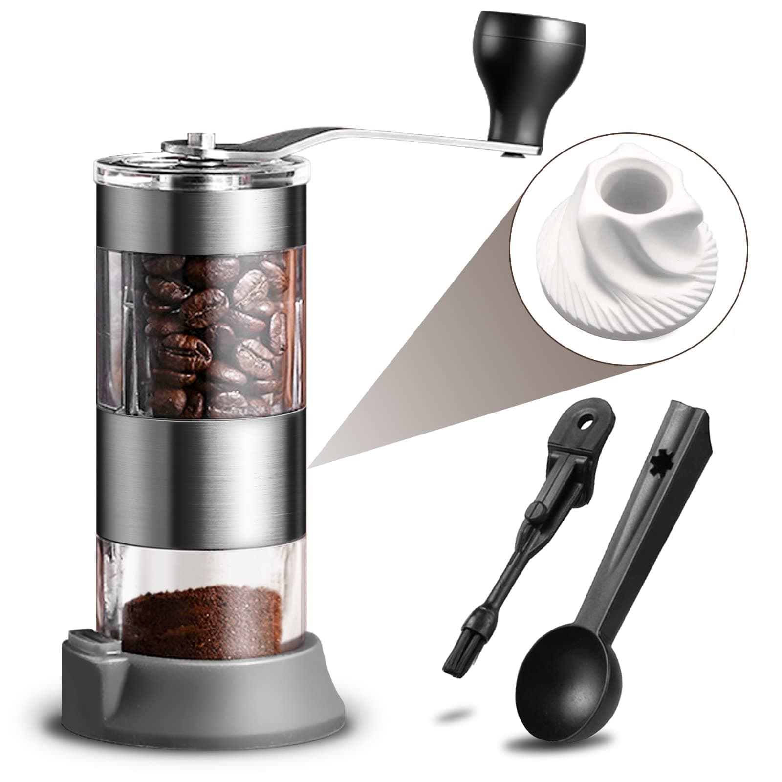 Manual Coffee Grinder Portable Hand Coffee Grinder with Ceramic Adjustable Setting, Visual design ceramic grinder match brush spoon for Aeropress, Drip Coffee, Espresso, French Press, Turkish Brew