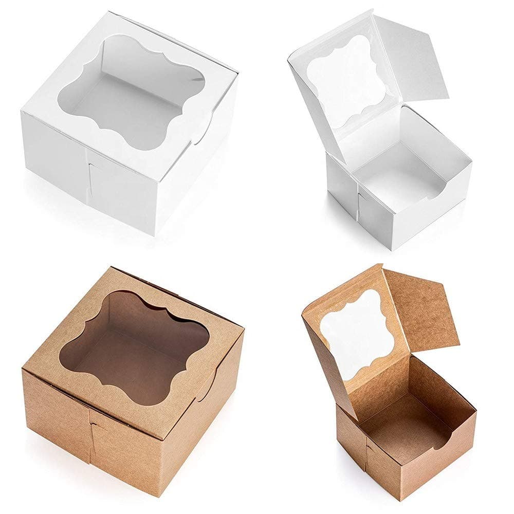 Premify 20 Cardboard White & Brown Bakery Boxes with Clear Window,(4x4x2.5inch) SQUARE Kraft PAPER GIFT Pie Cookie BAKERS Cake Box with Natural Disposable Storage, Transport Of Your Creations