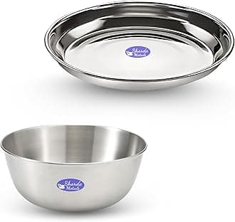 Sharda Metals Stainless Steel Set of 1 Bowls & 1 Plates Serving Set for Dessert, Curry, Soup, Side Dishes, Rice, Poha, Snacks & Breakfast Plate, Katori, Vati, Wati – 2 Pcs