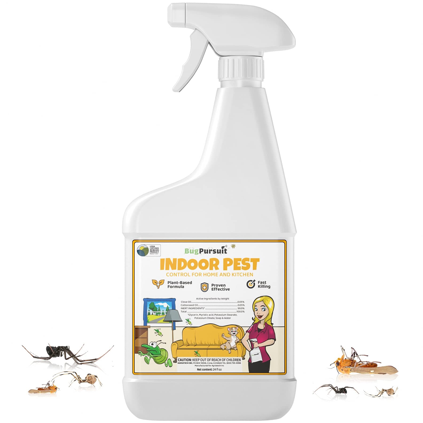BugPursuit Indoor Pest Control Spray 24oz for Home and Kitchen –Bug Killer & Insect Repellent, Kills Carpet Beetles, Ants, Spiders, Beg Bugs, Roaches, Flea & Tick- Non Staining-Child and Pet Safe